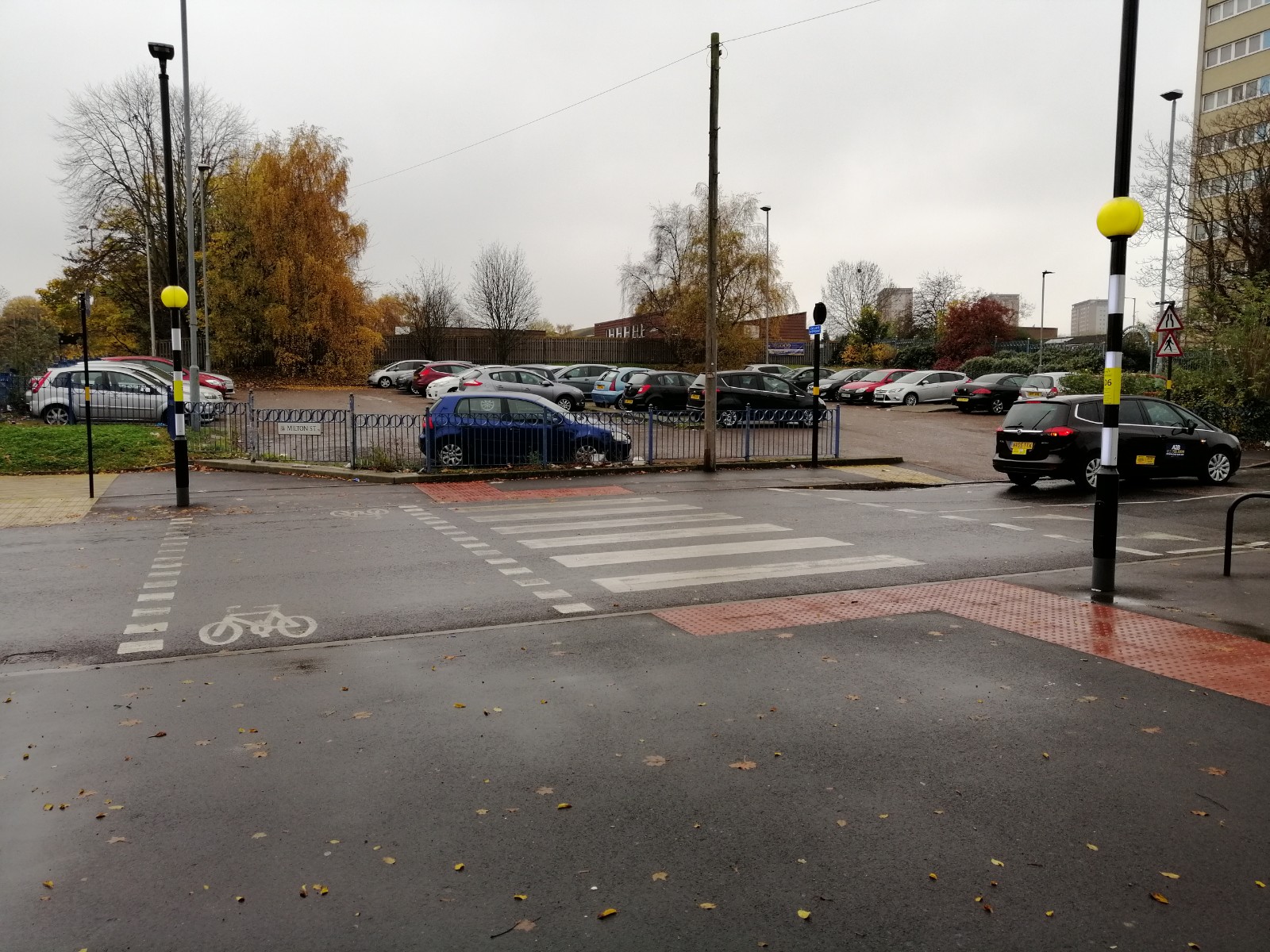 A tiger crossing across the road next to a small car park.